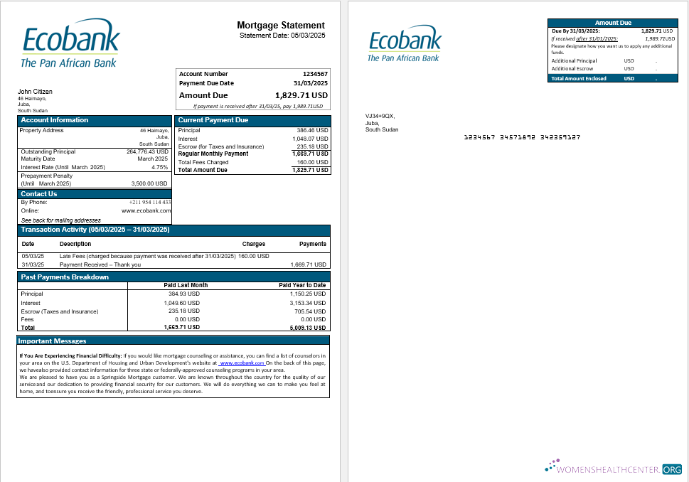 Download South Sudan Ecobank bank mortgage statement in Word and PDF formats Photoshop template